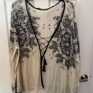 Free People Black and Cream Lace Detail Blouse